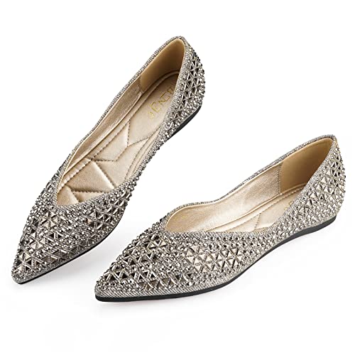 Flats Shoes Women Rhinestone Pointed Head Ballet Flats Comfortable Soft Memory Foam Insole Flat Shoes for Women Comfortable Dress Shoes Silver Size 8