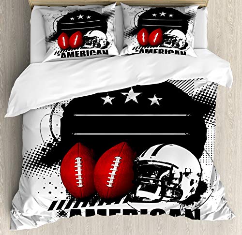 Lunarable Sports Duvet Cover Set, American Football Theme Grunge Looking Vintage Composition with Balls, Decorative 3 Piece Bedding Set with 2 Pillow Shams, Queen Size, White Black
