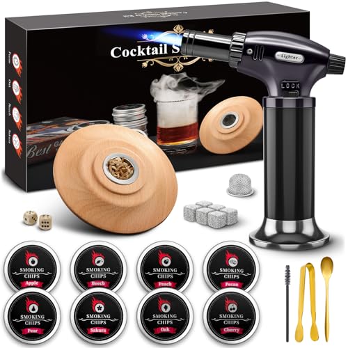 Syjunf Cocktail Smoker Kit with Torch - 8 Flavors Wood Chips - Old Fashioned Cocktail Kit, Whiskey Smoker Kit, Drink Smoker, Whiskey, Birthday Bourbon Gifts for Men, Dad, Husband (Without Butane)