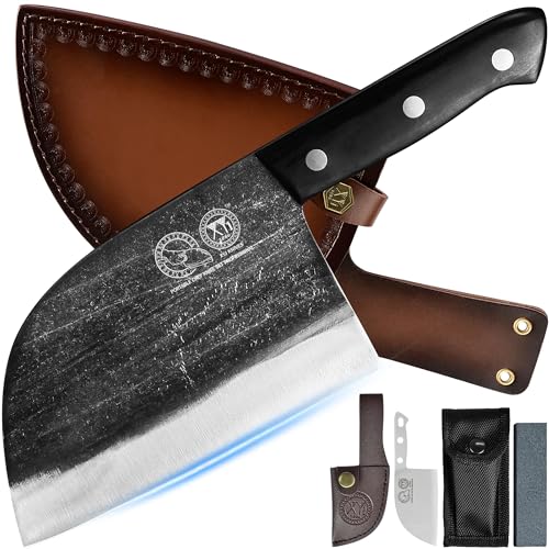 XYJ Authentic Since 1986,Outstanding Ancient Forging,6.7 Inch Full Tang,Serbian Chefs knife,Chef Meat Cleaver,Kitchen Knives,Set with Leather Sheath,Take Carrying,Butcher,Christmas Gifts Presents