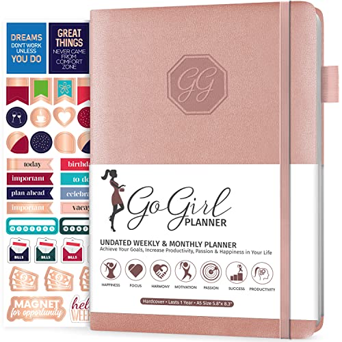 GoGirl Planner and Organizer for Women – Compact Size Weekly Planner, Goals Journal & Agenda to Improve Time Management, Productivity & Live Happier. Undated – Start Anytime, Lasts 1 Year – Rose Gold