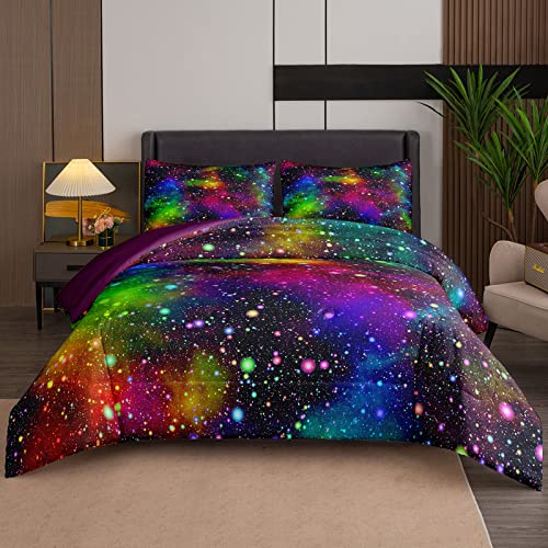 Tailor Shop Galaxy Comforter Set Colorful Outer Space Starry Sky Rainbow Night Pattern Bedding Set for Girls Boys Kids Queen Size with 1 Comforter 2 Pillowcases……
