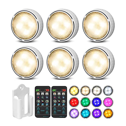 LED Puck Lights with Remote Control, Battery Operated Wireless Closet Lights, Under Cabinet Lighting Stick on Tap Push Lights, Color Changing Under Counter Lights for Kitchen, 6 Pack - White
