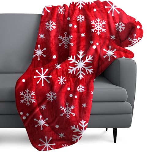 Christmas Throw Blanket for Stylish Warm Winter Cabin Throw - Red Snowflake Christmas Fleece Blanket Premium Microfiber, Silky Soft, Plush, Warm & Lightweight for Couch, Sofa, Bed, 50” x 60'