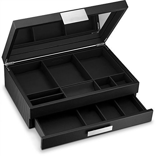 Glenor Co Mens Valet/Dresser Organizer - Luxury 12 Slot Jewelry Accessories Box, Carbon Fiber Design, Drawer Tray, Metal Buckle & Large Mirror for Men’s Watches, Sunglasses, Wallet - Pu Leather Black