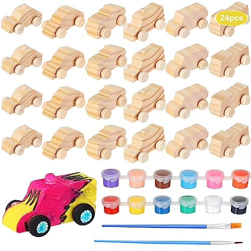Lenwen 24 Pcs Wood DIY Car Toys for Party Unfinished Wooden Cars, Wooden Toy Cars Wooden Crafts with 12 Color Acrylic Paint for Students Girls Boys Home Activities Craft Projects Woodworking (Cute)