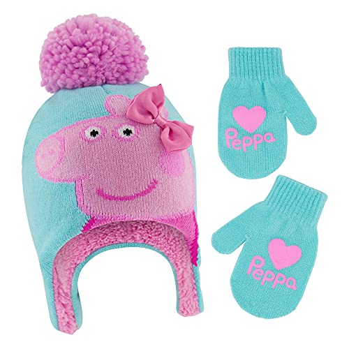 Hasbro Girls Winter Accessory Hat and Mittens Set, Peppa Pig Toddler Beanie for Toddler Ages 2-4 Blue/Pink