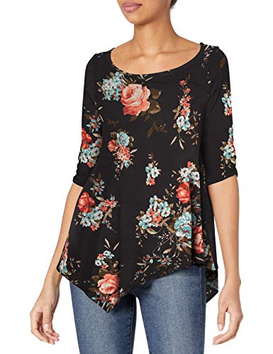 Star Vixen Women's Petite Hanky Hem Top, Elbow Sleeve with Cinch Detail, Dark Floral, PM