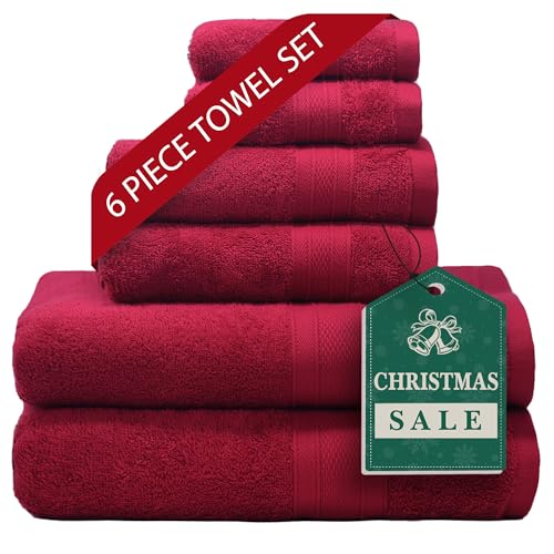 TRIDENT Luxury Soft Towel Sets for Bathroom, 6 Piece Towels Set, 2 Bath Towels, 2 Hand Towels, 2 face Cloths, Christmas Clearance Towel Set, Ring Spun Cotton 100%, Xmas Red Towel Set