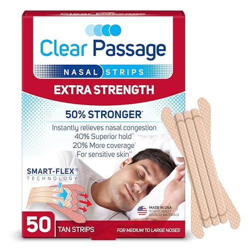 Clear Passage Nasal Strips Extra Strength, Tan, 50 Count | Works Instantly to Improve Sleep, Reduce Snoring, & Relieve Nasal Congestion Due to Colds & Allergies