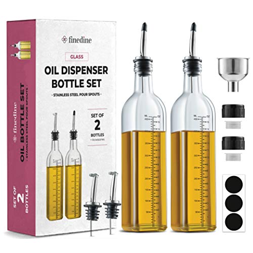 Superior Olive Oil Dispenser Set - Slim Design Oil and Vinegar Dispenser - Funnel For Easy Refill - Oil Dispenser Bottle For Kitchen With 4 Pouring Spouts and Labels - Glass Oil Bottle Set