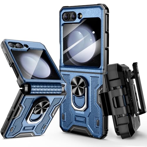 VEGO for Samsung Flip 5 Case with Belt Clip Holster, Hinge Protection Case with 360°Ring Magnetic Kickstand & Camera Screen Protector Heavy Duty Protective Armor Case for Galaxy Z Flip 5 - Blue