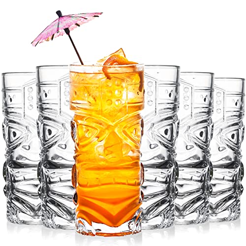 Cedilis 6 Pack 14oz Tiki Glasses Modern Bar Tiki Cup Tiki Mug, Halloween Glasses Mug Cup Perfect for Mai Tai, Exotic Zombie Cocktails for Hawaiian Party, Halloween Decor