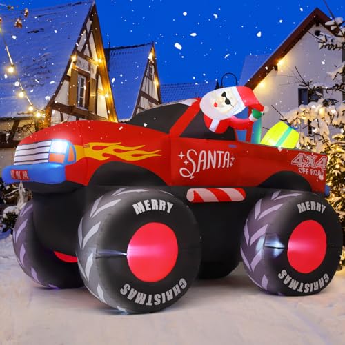 GOOSH 7 FT Christmas Inflatables Santa Claus Outdoor Decorations Blow Up Yard Snowman with Gifts on Truck with Built-in LEDs for Garden Lawn Indoor Party Décor