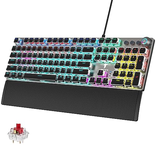 TECURS Gaming Keyboard Mechanical Keyboard with Magnetic Wrist Rest, Backlit PC Typewriter Keyboard LED, 104 Keys, Red Switch, Media Control Knob - Compatible with Windows/Mac/PC
