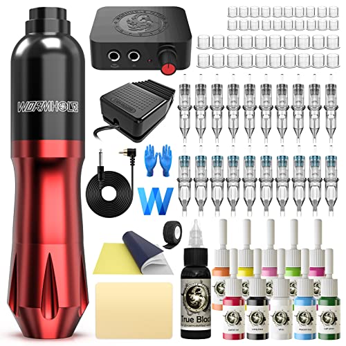 Tattoo Kit, Wormhole Tattoo Gun Kit Tattoo Machine Kit 20 Tattoo Cartridge Needles 10 Inks with Foot Pedal, Power Supply, RCA Tattoo Cord, Tattoo Machine for Tattoo Artists and Beginners WTK079