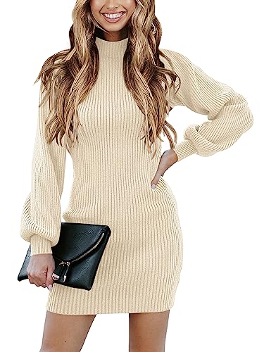 ANRABESS Womens Sweater Dress Long Sleeve Mock Neck Slim Bodycon Sexy Rib Knit Fall Short Mini Elegant Cocktail Baby Shower Dresses 2023 Trendy Outfit Winter Outfit A145kaqi-M Beige