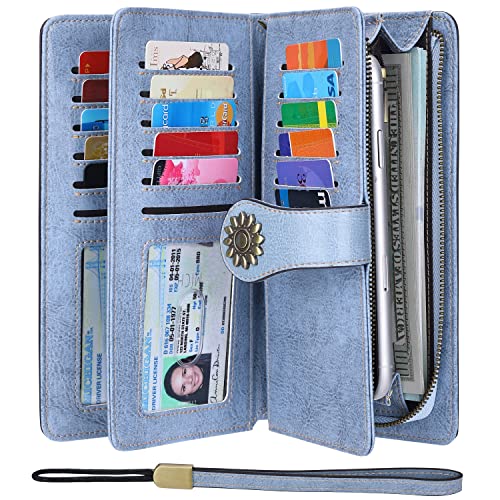 Lavemi Womens Large Capacity Genuine Leather RFID Blocking Wallets Wristlet Clutch Card Holder(1- Light Blue)