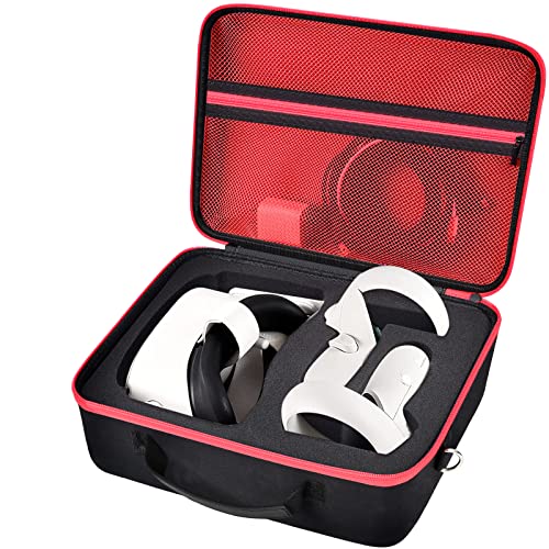 Hard Carrying Case for Meta/for Oculus Quest 2/ Quest 3 All-in-One VR Gaming Headset and Touch Controllers, Travel Storage Bag with Silicone Face Cover & Lens Protector & Accessories - Red Zipper