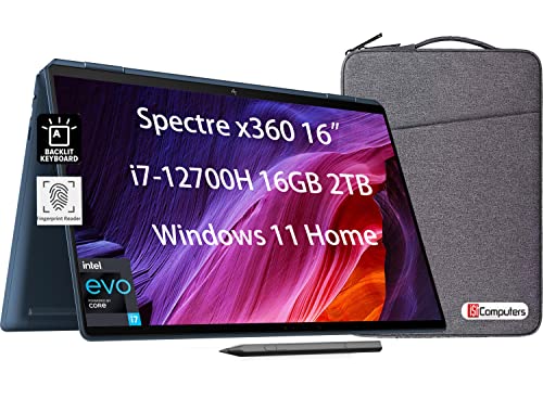 HP Spectre x360 16' 2-in-1 3K QHD+ Touchscreen (Intel 12th Gen i7-12700H, 16GB RAM, 2TB SSD, Stylus) Business Laptop, Long-Battery Life, Fingerprint, Backlit, Thunderbolt 4, IST Bag, Win 11 Home