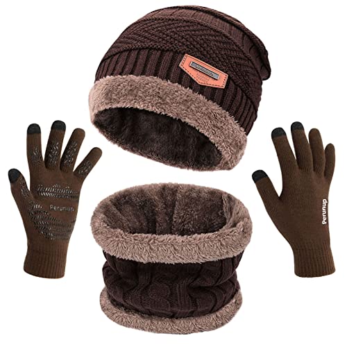 MAYLISACC Winter Beanie Hat Scarf and Touchscreen Glove 3 Pcs Set Stocking Caps for Women Men Brown