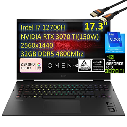 HP High Performance OMEN 17.3' Gaming Laptop - 12th Gen Intel Core i7-12700H - Full Power GeForce RTX 3070 Ti(150W) - QHD(2560 x 1440) 100% Srgb-165Hz - Tb4 - w/HDMI (32GB DDR5 | 2TB PCIe SSD)