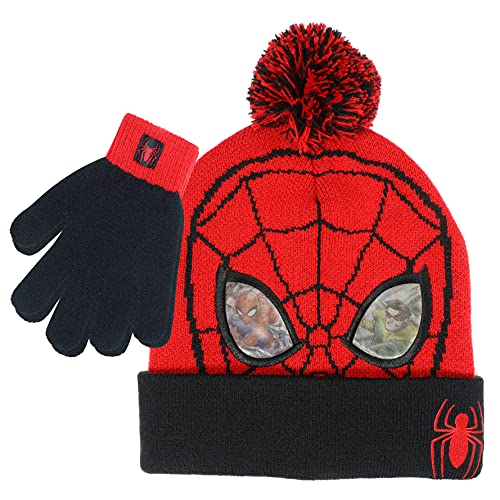 Marvel Spider-Man Kid’s Winter Hat and Snow Gloves for Boys and Toddlers, 2 Pc. Set, Pom-Pom Beanie with Warm Mittens