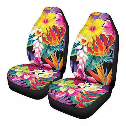 Forchrinse Universal Car Seat Covers 2 PCs Set,Colorful Hibiscus Plumeria Flower with Leaf Front Seat Covers Boho Tropical Plant Bucket Seat Cover Protector