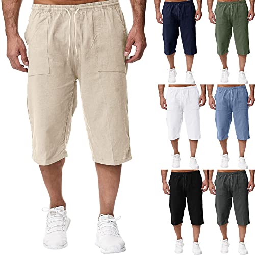 ZWRXW Men's Long Linen Shorts Casual Summer Beach Below Knee Length Pocketed 3/4 Drawstring Capri Pant Khaki