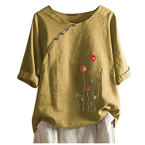 Women Summer Cotton Linen Tshirt Tops Trendy Dandelion Print Casual Loose Fit Tunic Tee Lady Plus Size Crewneck Blouse