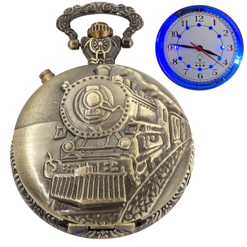Retro Turn Left Locomotive Design Pocket Watch with LED Light, Creative Quartz Arabic Numeral Dial for Men's Pocket Watch