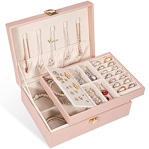 Voova Jewelry Box Organizer for Women Girls, 2 Layer Large Men Jewelry Storage Case, PU Leather Display Jewellery Holder with Removable Tray for Necklace Earrings Rings Bracelets, Vintage Gift, Pink