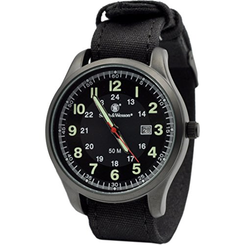 Smith & Wesson Men's Cadet Luminous Watch, 5ATM, Precision Quartz, Black/Green, Durable Canvas Strap, 42mm, Water Resistant, Date Display, Stainless Steel Caseback, Scratch Resistant Glass, Christmas Gift