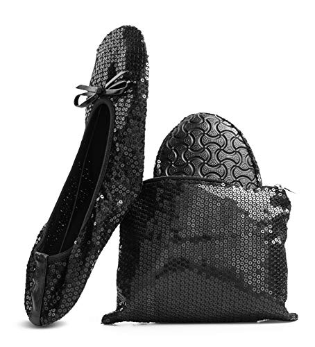 Women's Foldable Portable Travel Ballet Flat Roll Up Slipper Shoes (X-Large, Black - Sequins)