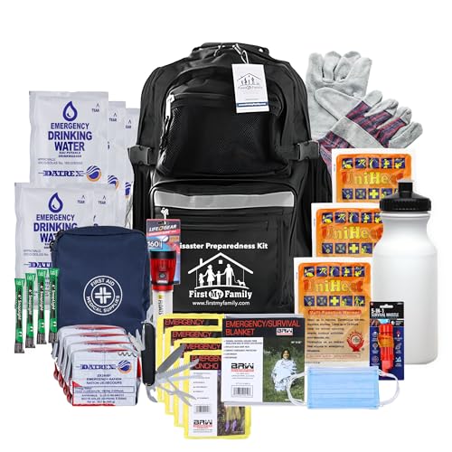 First My Family All-in-One 4 Person, 72 Hour Emergency Survival Kit for Fires, Earthquakes, Hurricanes, Floods, Tsunami and Other Disasters - Premium Black Backpack