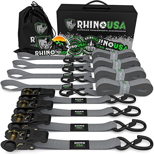 Rhino USA Ratchet Tie Down Straps (4PK) - 1,823lb Guaranteed Max Break Strength, Includes (4) Premium 1' x 15' Rachet Tie Downs with Padded Handles. Best for Moving, Securing Cargo (Black 4-Pack)