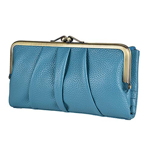 EASTNIGHTS Rfid Blocking Wallets for Women Leather Clutch Wallet Bifold Credit Card Holder Ladies Coin Purse with Zipper and Kiss Lock (Blue)