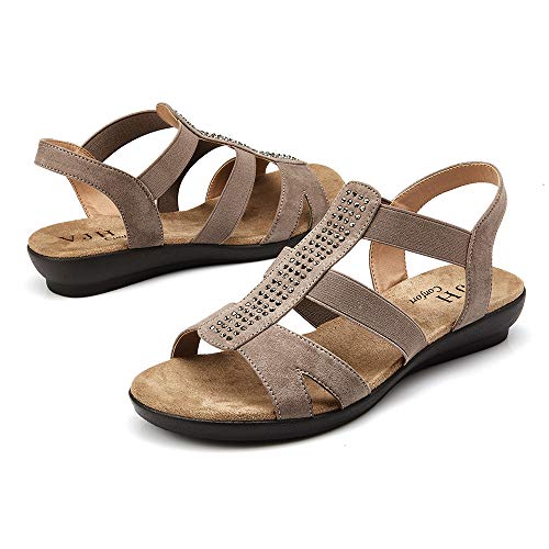 VJH confort Women's Flat Sandals with Rhinestone Open Toe Elastic Slip On Slingback Comfort Casual Walking Sandals