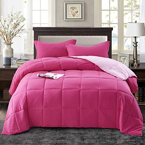 HIG 3pc Pink Twin/Twin XL Comforter Set - All Season Reversible Down Alternative Comforter with Sham - Quilted Duvet Insert with Corner Tabs - Box Stitched - Super Soft, Fluffy