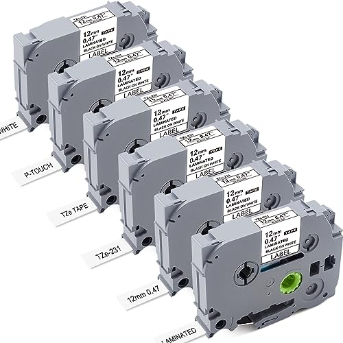 6Pack TZ/TZe Tape Compatible with Brother Label Maker Tape 12mm 0.47 Laminated White P Touch Label Maker Tape TZe-231 for Label Maker PT-D210 PT-H110 PT-D400 PT-D600 PT-P700 Black on White 8m 26.2ft