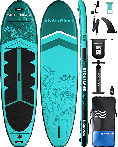 Skatinger 11'x34'' Extra Wide Inflatable Paddle Board, Up to 420lbsPaddle Boards for Adults, Stable Stand Up Paddle Board, 2 People/Family, Wide&Stable, Floating Paddle, Shoulder Strap, US Fin