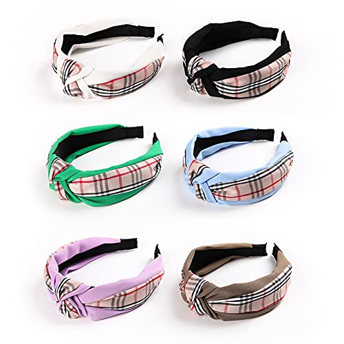 EIGHTOWN Plaid Top Knotted Headband for Women - 6 Pack Designer Hair Bands for Girls - Non-slip Lattice Splicing Hair Hoops for Hair (purple etc. 6 colors)