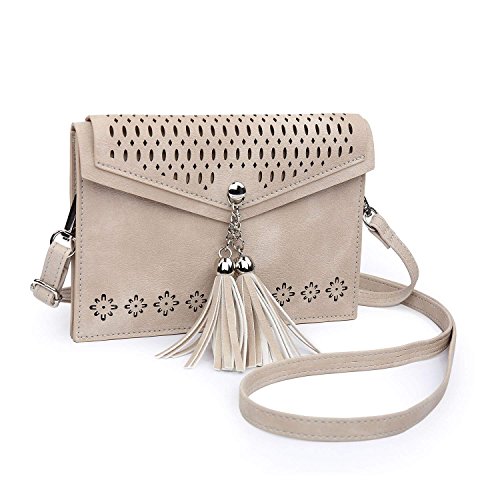 seOSTO Women Small Crossbody Purse, Tassel Cell Phone Purse Wallet Bags (Beige Tassel)