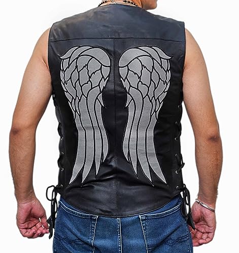 BRIXWEAR Walking Dead Daryl Dixon Black Genuine Leather Vest Black Vest | Mens Angel Wings Leather Vest