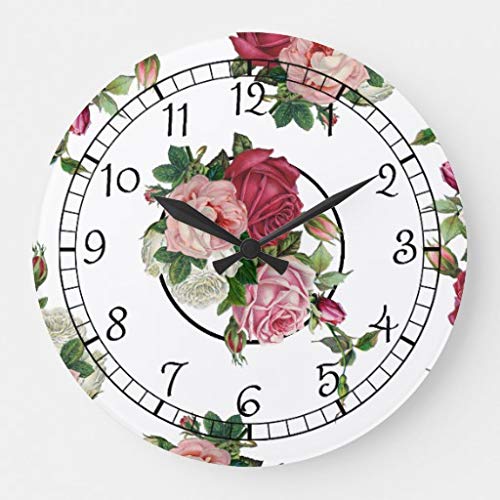 EnjoyHome Rustic Pretty French Country Floral Country Decoration Wood Clock Silent Non-Ticking Battery Operated Wall Clock 14 inches