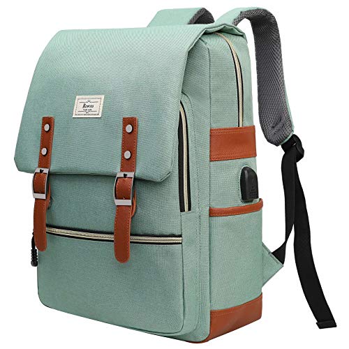 Ronyes Vintage Laptop Backpack College Bag School Bookbag for Women Men Unisex 15.6inch Small Computer Stylish Casual Rucksack Daypacks with USB Charging Port (LightGreen)
