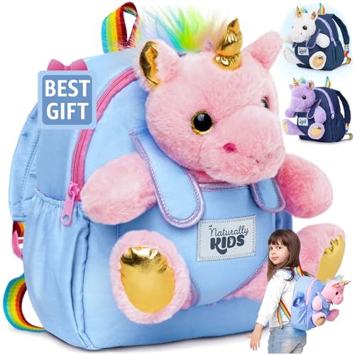 Naturally KIDS Toddler Backpack w Stuffed Animal Toy, Toddler Gifts for Boys Girls, Small Backpack, Unicorn Toys Pink