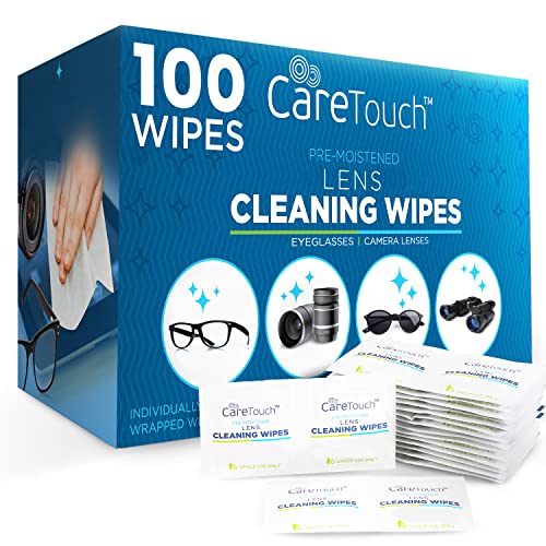 Care Touch Lens Wipes for Eyeglasses | Individually Wrapped Eye Glasses Wipes | 100 Pre-Moistened Lens Cleaning Eyeglass Wipes