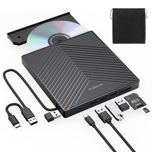 ORIGBELIE External CD DVD Drive, Ultra Slim CD Burner USB 3.0 with 4 USB Ports and 2 TF/SD Card Slots, Optical Disk Drive for Laptop Mac, PC Windows 11/10/8/7 Linux OS