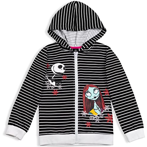 Disney Nightmare Before Christmas Jack Skellington Sally Little Girls French Terry Zip Up Hoodie Black-White 4-5